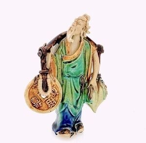 Antique Shekwan Chinese Mudman Figurine Ceramic Statue Carrying Water 6.5 Signed